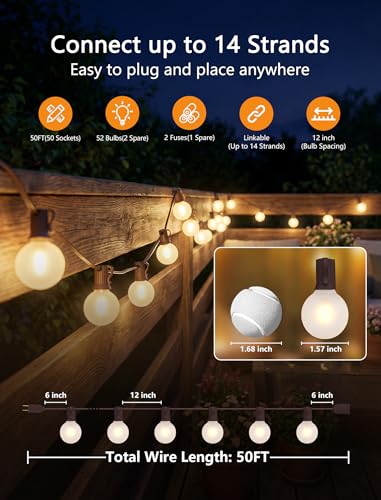 SUNSGNE 50FT Brown Outdoor Edison String Lights, Waterproof Shatterproof LED Globe String Lights with 50 G40 LED Frosted White Bulbs for Backyard Patio Porch Balcony Party Decor, E12 Base - color: Frosted White-Brown, size: 50FT