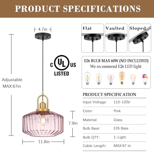 11.8in Mid Century Modern Pendant Light, Gold Large Pink Glass | Vintage Lighting Fixture Ceiling Hanging Lamp for Kitchen Island Foyer Dining Room Bedroom Entryway Hallway Over Sink Table - color: Pink & Gold Hardwire, size: 11.8in