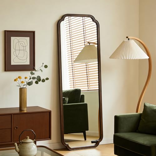 HOMECOOKIN Full Length Mirror Wall Mounted, Rustic Wooden Frame Floor Mirror, Rounded Corner Large Full Body Mirror for Bedroom,Dressing Room， Leaning or Hanging Against Wall (Walnut, 22" L x 65" W) - color: Walnut, size: 65"L x 22"W