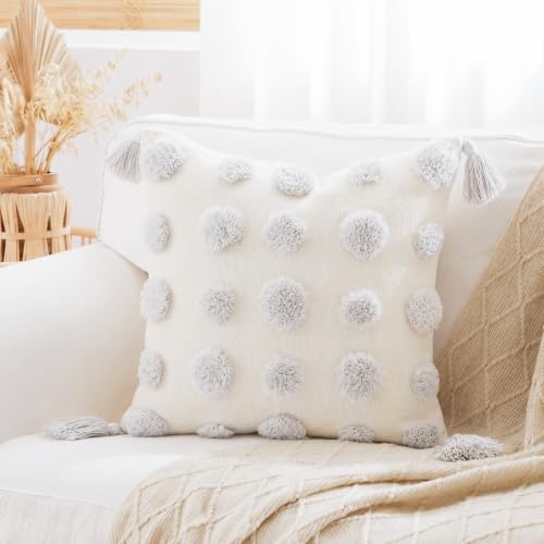 PANOD Super Soft Farmhouse Decorative Plush Throw Pillow Covers 22 x 22 White,Solid Pom pom Tufted with Tassels Modern Accent Boho Square Cushion Cover Pillow Case for Couch Sofa - color: White, size: 22" x 22" (Pack of 1)