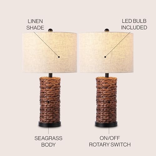 JONATHAN Y 25" Dark Brown Coastal Water Hyacinth Table Lamp Set of 2, Bedside Lamp with Light Grey Linen Shade, Boho Farmhouse Decor for Living Room Nightstand, LED Bulbs (JYL6502B-SET2) - color: Dark Brown