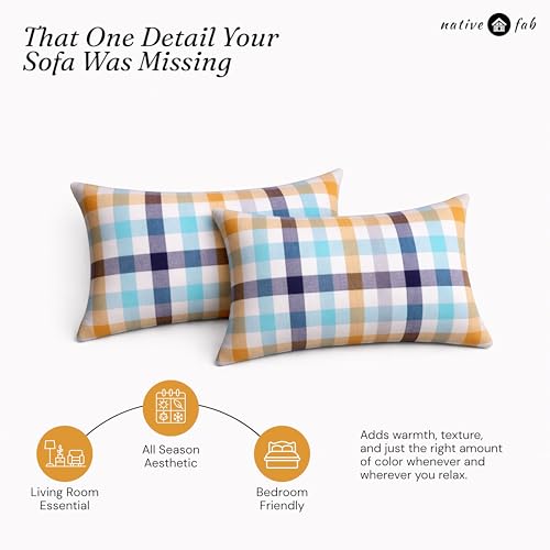 Native Fab Throw Pillow Covers 2 Pack, 12x20 Inches, 100% Cotton, Summer Plaid Design, Bright Decorative Lumbar Cushion Cases, Cheerful Decor for Sunroom, Sofa, Couch, Riviera Blue & Sunflower - color: Gingham Riviera Blue & Sunflower Plaid, size: 20" x 1