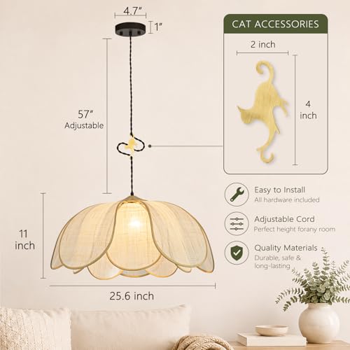 Boho Light Fixture, 25.6" Hand Woven Rattan Chandelier, Boho Chandelier with Brass Cat Hook for Dining Room, Living Room, Kitchen, Bedroom and Restaurant - size: 25.6 in
