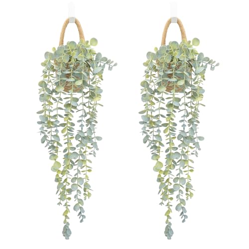 Fake Hanging Plant Decor Indoor, Eucalyptus Artificial Faux Plants in Wall Woven Planters, Jute Hanger with Black Pot Soft Green 2PCS 23Inch Long - size: Jute Hanger-2PCS