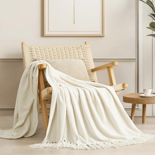 EverGrace Soft Chenille Throw Blanket for Couch, Cozy Plush Fuzzy Decorative Chenille Knit Throw Blanket with Tassels, Lightweight Blanket and Throws for Bed Sofa Gift Home Decor, Ivory White 60"x80" - color: Ivory White, size: 60"x80"