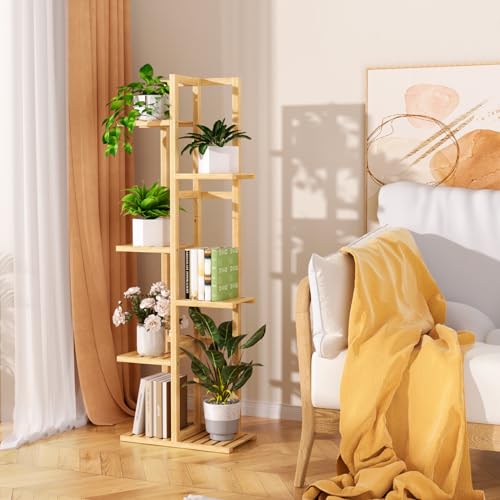 ROMGUAR CRAFT 6 Tier Bamboo Plant Stand Indoor, Wood Tall Flower Holder Corner Tiered Plant Shelf for Multiple Plants (Natural)
