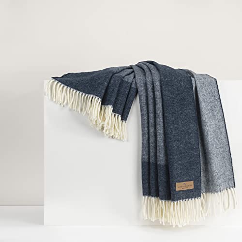 Lands Downunder All-Season, Luxury Navy Border Herringbone Throw – Soft Woven Throw with Decorative Fringe – Made in Italy – 51”W x 67”L - Perfect for Gifting - color: Navy