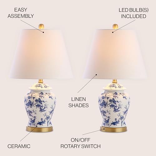 JONATHAN Y 22" Blue/White Ceramic Table Lamp, French Country Chinoiserie Ginger Jar LED Bedside Lamp for Living Room Bedroom, White Linen Shade (JYL3005A-SET2) - color: Blue/White, size: Set of 2