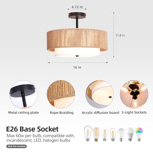 Bohemian Semi-Recessed Pendant Light Wicker Ceiling Lamp 16-Inch Farmhouse-Style Pendant with Natural Hemp Rope Fabric Shade Suitable for Dining Room/Living Room/Bedroom/Kitchen - color: 16'' Hemp rope&Fabric Gold