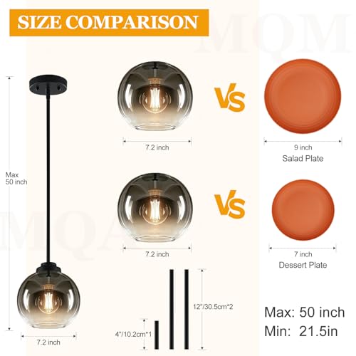 MQMQA 2 Pack Globe Pendant Lights, Mid Century Pendant Light Fixtures, Globe Pendant Lights Kitchen Island with Gray Glass Shade Adjustable Hanging Fixture for Dining Room (Bulbs not Included) - color: Matte Black + Gradient Gray Glass 2 Pack