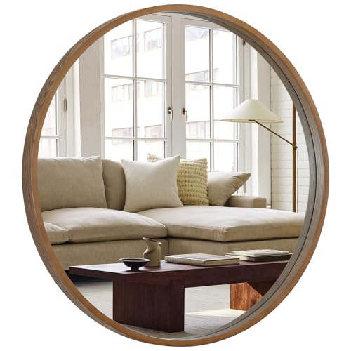 WallBeyond Round Wood Mirror, 32" Round Modern Decoration Large Circle Wall Mirror for Bathroom Living Room Bedroom Entryway, Walnut - color: Walnut, size: 32"L x 32"W