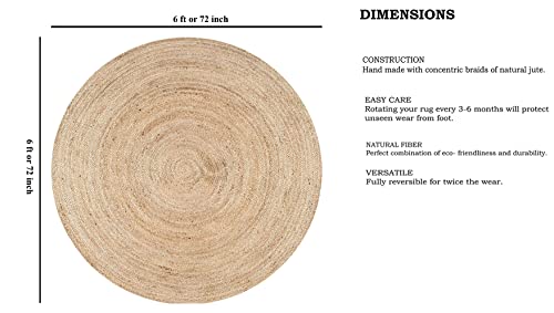 FRELISH DECOR Handwoven Jute Area Rug - 6 feet Round - Natural Yarn - Rustic Vintage Beige Braided Reversible Rug - Eco Friendly Rugs for Bedroom - Kitchen - Living Room - Farmhouse (6' Round) - color: Natural, size: 6' (Round)