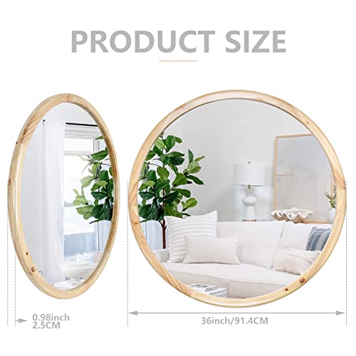 Round Wood Mirror,36 inch Circle Wooden Natural Large Farmhouse Vanity Boho Decor Wall Mirror for Bathroom Bedroom Living Room Hallway - size: 36"L x 36"W