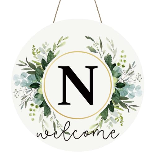 Monogram Letter N Wreaths for Front Door Wreath Wooden Welcome Sign for Front Door Decor Floral Family Last Name Initial House Warming Spring Summer Porch Rustic Wall Home Kitchen Boho Decorations - color: Letter N