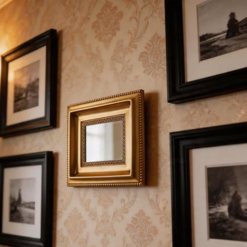 Golden Mini Vintage Mirror with Exquisite Relief Elegant Wall Decor for Bedroom Dresser Table Compact Resin Retro Design (Gold Rectangle, 4.5X5.5) - color: Gold Rectangle