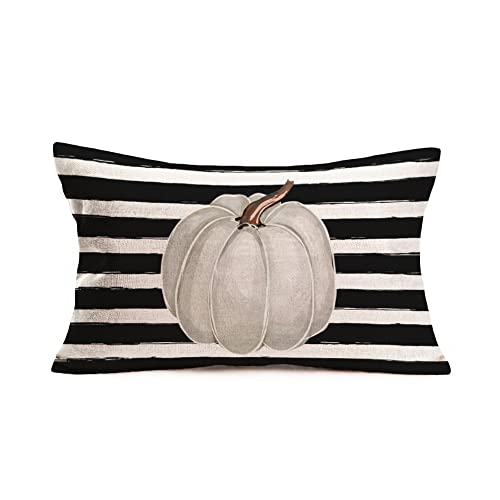 Fall Decor Grey Pumpkin Throw Pillow Covers 12x20 Inch White Black Stripes with Pumpkins Seasonal Autumn Harvest Thanksgiving Halloween Farmhouse Decoration Pillow Cases Cotton Linen - color: Grey Pumpkin Black Stripes
