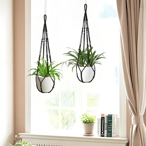 LEWESU Macrame Plant Hanger Indoor Set of 4 with 8 Hooks, Indoor Outdoor Hanging Planter for Plants Holder with Decorative Wood Beads & No Tassels, Boho Home Decor, 35 Inch Black (Pots Not Included) - color: Black, size: 35" Set of 4