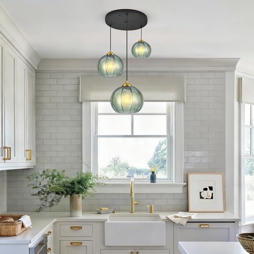 Mint Green Glass Chandelier, 3 Light Pendant Light Fixtures Kitchen Island Lighting Century Modern Kitchen Island Pendant Lighting Hanging Lights Multi Light Cluster Pendant Lighting（Without Bulb） - color: Mint-3 Light
