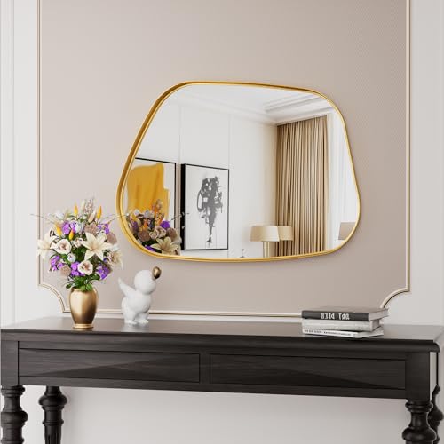 Irregular Wall Mirror 22"x30" Bathroom Mirrors Asymmetrical Artistic Decorative for Living Room Bedroom Bathroom Hallway Entryway,Trapezoid,Gold - color: Gold, size: 30"L x 22"W