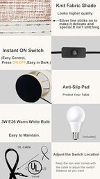 AFORTLO Table Desk Lamp, Small Fabric Boho Decorative Nightstand Night Light Solid Wood Base Lamp for Bedroom,Living Room,End Table or Office with Bulb (Brown Knit Fabric)