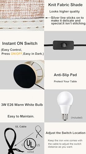 AFORTLO Table Desk Lamp, Small Fabric Boho Decorative Nightstand Night Light Solid Wood Base Lamp for Bedroom,Living Room,End Table or Office with Bulb (Brown Knit Fabric)