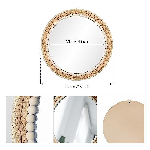 18 Inch Boho Round Hanging Wall Mirror Decorative Rattan Circle Mirrors for Farmhouse, Living Room, Bedroom - color: 18 Inch Wood