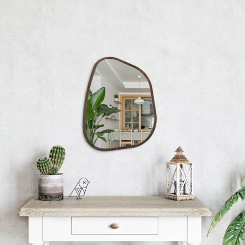 Irregular Wooden Framed Wall Mirror Modern Oval Asymmetrical Unique Hanging Mirror Artistic Wavy Mirror Decor Bathroom Vanity Bedroom Living Room Entryway Hallway Large Brown16 x12 - color: Brown, size: 16"L x 12"W