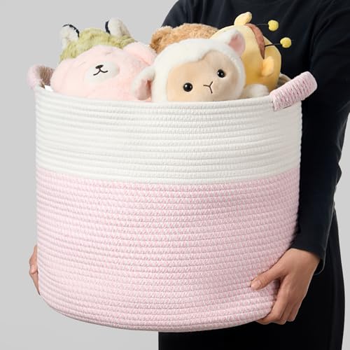 Blanket Basket (16"Dx14"H) - Round Woven Rope Storage for Living Room Throws, Pillows & Laundry- White/Mixed Pink - color: White/Mixed Pink, size: 16" X 16" X 14"