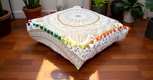 INDIAN CRAFT CASTLE ICC Mandala Barmeri Large Floor Pillow Cover Cushion Meditation Seating Ottoman Throw Cover Hippie Decorative Zipped Bohemian Pouf Ottoman Cases Gold, 24" Square - color: Gold, size: 16"D x 16"W x 5"H