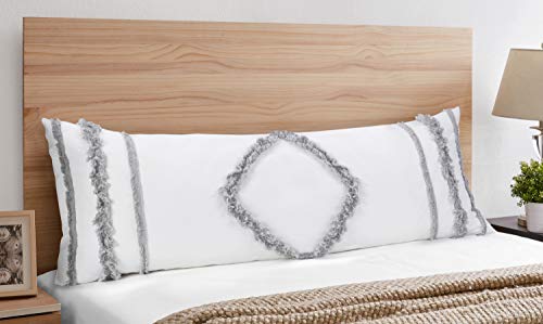 Bohemian Boho Chic White and Grey Macrame Tufted Tassel Accent Decorative Couch Long Throw Zipper Body Pillow Cover Case 54x20 Solid Gray Textured Minimalist Cotton Fringe Farmhouse Indie Room Decor - color: Grey Fringe
