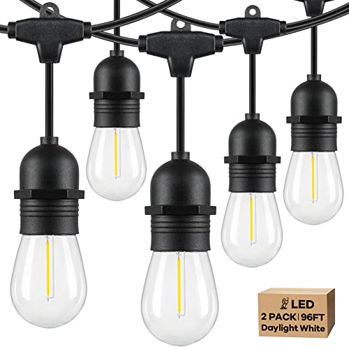 Lakumu 2-Pack 96FT Outdoor String Lights with Waterproof Shatterproof Dimmable 5000K Daylight White E12 Filament S14 LED Bulbs for Backyard Hanging Lights Linkable Patio Light for Deck Bistro Pergola - color: Black-5000K, size: 96FT(48FT*2)