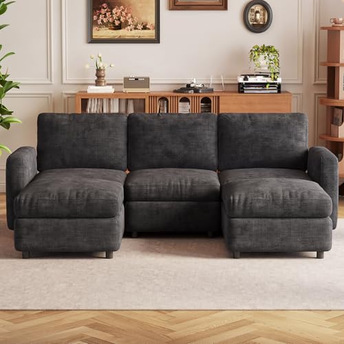 Guyii 5 Seater Modular Sectional Sofa with Storage Ottomans, U Shaped Modern Convertible Sofa Couch Comfy Cushion Couch for Living Room Apartment Hotel - color: Dark Gray, size: 5 seater( with 2 ottomans)