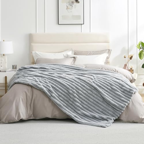 Amélie Home Faux Fur Throw Blanket for Couch, Cozy Fuzzy Fluffy Fur Luxurious Soft Striped Plush Gift Blankets for Family Sofa Chair, 60"x80", Light Grey - color: Striped Light Gray, size: Twin(60"x80")
