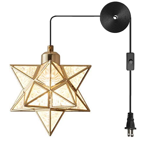 AECBUY Vanity Star Hanging Lamp with Metal and Frosted PVC Lampshade, Gold Vintage Plug in Pendant Light, Modern Ceiling Light Fixture for Bedroom Nightstand, Bathroom, Barn(ddct210929B05) - color: Gold-Matt