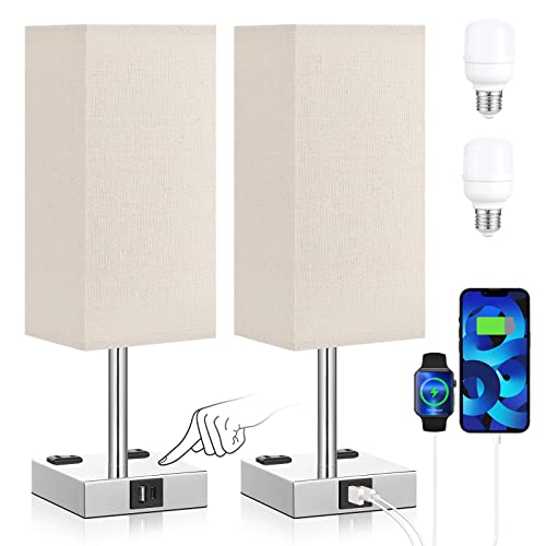 aooshine Beige Set of 2 Touch Lamp with USB Port-Nightstand Lamp with USB-C+A Charge Ports& AC Outlets, 3-Way Dimmable Bedside Lamp with Shade,Small Table Lamp for Bedroom Living Room(Bulb Included) - color: Beige-Silver