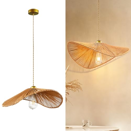 Boho Rattan 17-inch Pendant Light E26 lamp holder,height adjustable Restaurant chandelier Rattan light fixture Chandelier Woven Hanging Light Fixture for Bedroom Entryway Nursery Kitchen Island - color: Light Brown, size: 17-inch