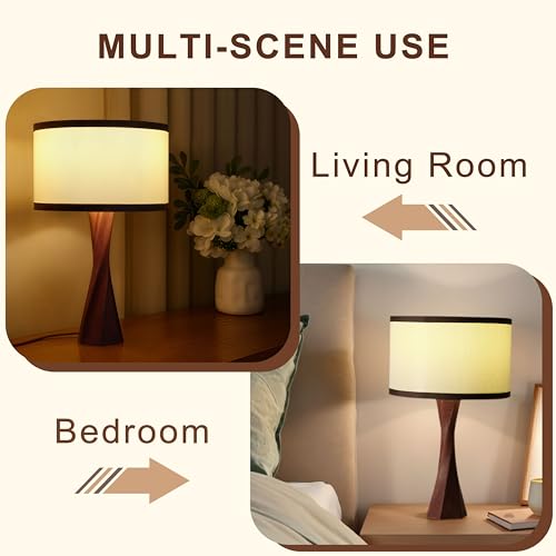 Boho Table Lamps for Bedrooms Set of 2-13" Wooden Spiral Base & Linen Shade - 3 Color Temps (2500K-4500K) LED Bulbs Included - for Bedroom, Office, Dorm, Nursery