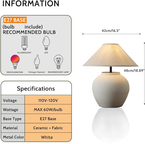 Farmhouse Table Lamps Black 18.8" Tall Ceramic Table Lamp Rustic Southwestern Clay Pot Ceramic Lampshade with Fabric Shade Bedside Nightstand for Living Room Bedroom House Office Entryway (White) - color: White