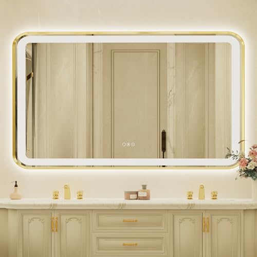 36x60 Inch LED Bathroom Mirror with Gold Frame,Front and Backlit Vanity Mirror, Stepless Dimmable Wall Mirrors with Anti-Fog, 3 Colors, Memory, Waterproof, LED Smart Bathroom Mirror - color: Gold, size: 36"L x 60"W