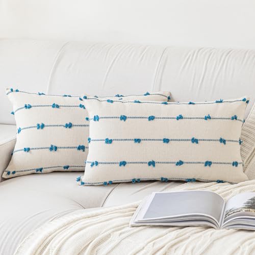 YEENAASY Boho Throw Pillow Covers 12x20 Set of 2 Modern Farmhouse Decorative Cushion Case Tufted Linen Square Pillows Cover Neutral Pillow Cases Accent Pillowcase for Sofa,Couch,Bed,Beige and Blue - color: Beige and Blue, size: 20" x 12" (Pack of 2)