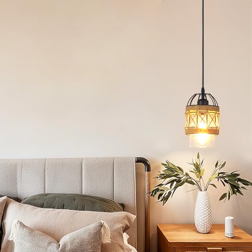 Black Farmhouse Boho Kitchen Island Pendant Light,Hand-Woven Rattan Pendant Lighting with Metal Cage Clear Glass Shade,Coastal Wicker Small Hanging Light Fixture Bedroom Dining Room Decor