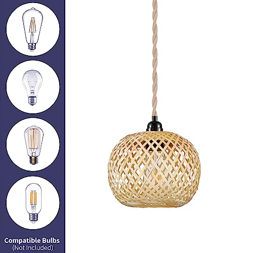 Boho Plug in Pendant Light Wicker Rattan Hanging Lights with 15ft Hemp Rope Cord MINI Bamboo Lampshade Wall Lighting Fixture Swag Lamp for Kitchen Island Farmhouse Living Dining Room Bedroom