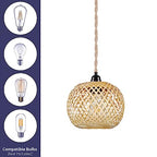Boho Plug in Pendant Light Wicker Rattan Hanging Lights with 15ft Hemp Rope Cord MINI Bamboo Lampshade Wall Lighting Fixture Swag Lamp for Kitchen Island Farmhouse Living Dining Room Bedroom