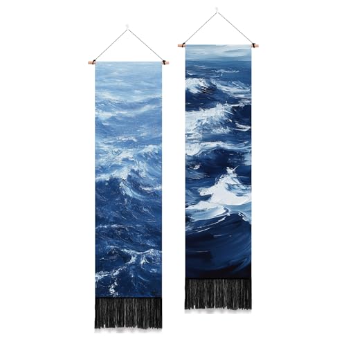 PLIGREAT 2 Pack Ocean Sea Long Tapestry Blue Narrow Vertical Hanging with Tassels Oil Painting Ocean Wall Tapestry for Bedroom Bathroom Living Room Long Walls Hanging Home Art Decor Housewarming Gift - color: Blue and White