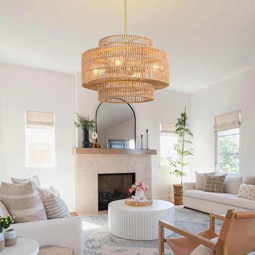 17.7"Boho Rattan Chandelier Light Fixture,4-Light Hand Woven Wicker Pendant Light Fixture Farmhouse Rustic Hanging Ceiling Lamp for Kitchen Island Bedroom, Dining Room, Living Room, Entryway, Foyer - style: Boho-Round-17.7in