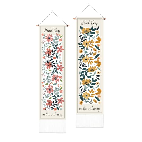PLIGREAT 2 Pack Boho Floral Tapestry, Pink and Yellow Flower Wall Hanging Aesthetic Wall Tapestry with Tassels Vertical Long Narrow Decor for Bedroom Living Room Home Office Art Decor, 52" x 13" - color: pink,yellow