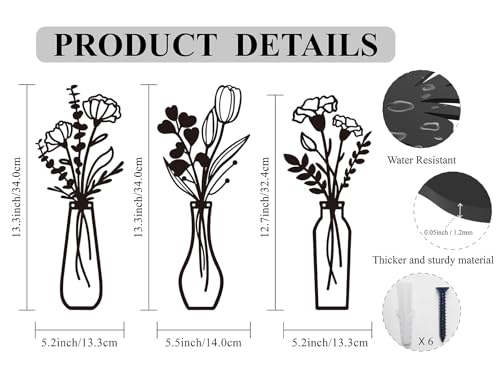 Metal Flowers Wall Arts 3 Pieces Black Metal Wall Decor Minimalist Art Wall Decor for Indoor Bedroom Living Room Bathroom Kitchen. (black1) - color: Black1
