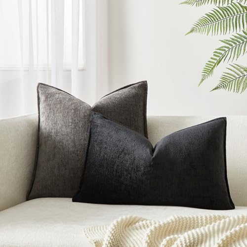 JUSPURBET Black 12x20 Throw Pillow Covers Set of 2 Decorative Pillow Covers for Couch Sofa Bed Cozy Chenille Lumbar Cushion Covers Cases with Invisible Zipper for Living Room Home Decor - color: Black, size: 20" x 12" (Pack of 2)