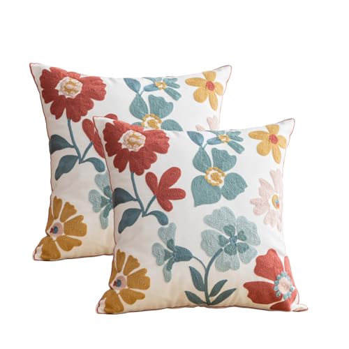 YIcabinet Pack of 2 Throw Pillow Covers,Embroidered Flower Pillow Case Soft Square Decorative Pillowcases for Home Sofa Couch 18x18 Inch - color: White04