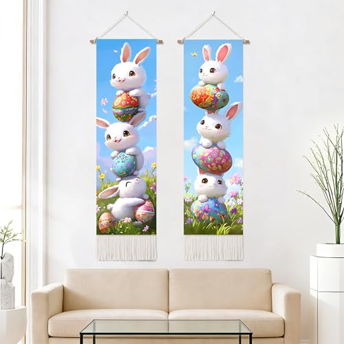 seewan 2 Pack Long Vertical Wall Tapestry, Boho Nature Landscape & Floral Aesthetic Wall Hanging for Bedroom Living Room Home Decor, Long Narrow Art Tapestry with Sunrise Mountain Botanical Designs, 13" × 51" (Cute Bunny Stack, 13"Wx51"H, Unframed) - colo